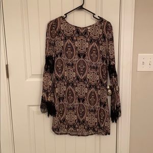 Black and Pink print dress with bell-laced sleeves